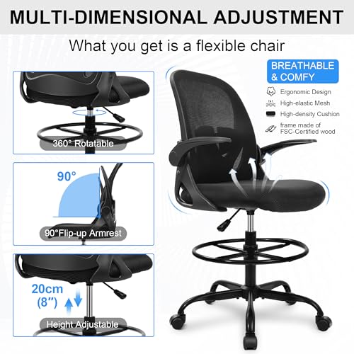 Primy Drafting Chair Tall Office Chair with Flip-up Armrests Executive Ergonomic Computer Standing Desk Chair with Lumbar Support and Adjustable