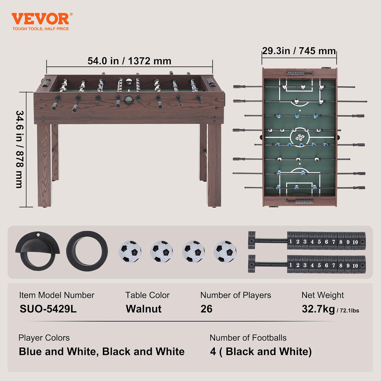 VEVOR Foosball Table, 55 inch Standard Size Foosball Table, Indoor Full Size Foosball Table for Home, Family, and Game Room