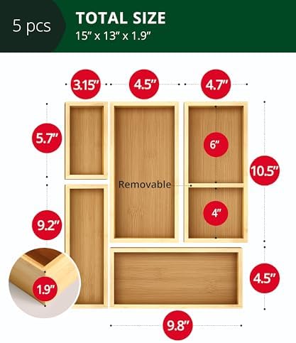 ROYAL CRAFT WOOD 5-Piece Bamboo Drawer Organizer Set – Multi-Use Storage Trays for Kitchen, Bathroom, Office, Makeup