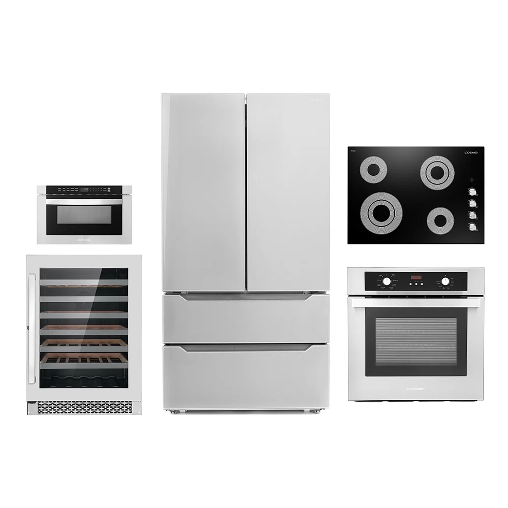 Cosmo 5 Piece Kitchen Appliance Package With 30" Electric Cooktop 24" 48 Bottle Freestanding Wine Refrigerator 24" Single Electric Wall Oven 24"