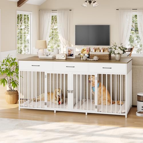 HOSTACK Double Dog Crates Furniture, 71" Wide Indoor Dog Kennel with 3 Drawers, Farmhouse Dog Cage for 2 Large/Medium Dogs