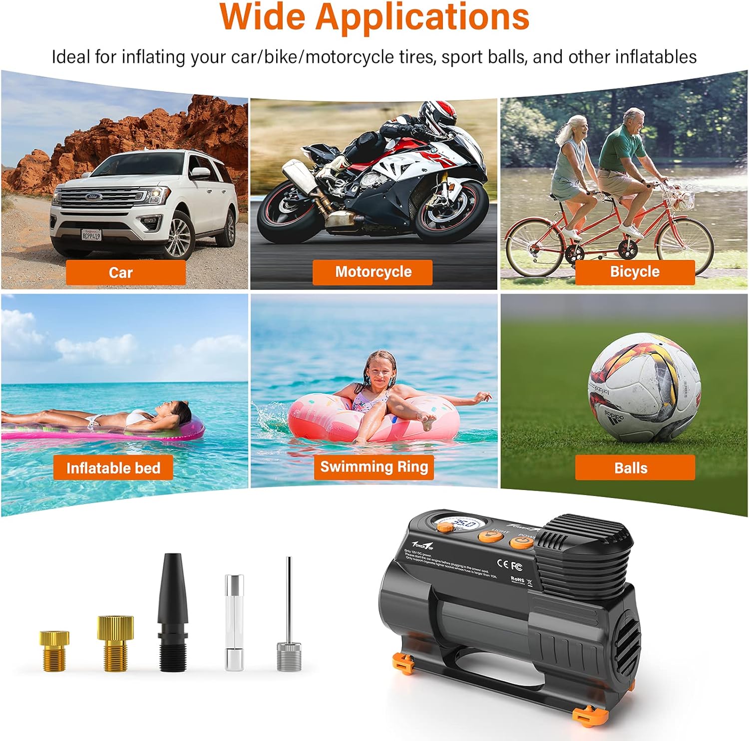 Air Compressor Tire Inflator: Portable 12V DC Air Pump for Car Tires 100PSI Tire Pump with Digital Pressure Gauge, LED Emergency Lights for Car