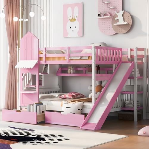 Harper & Bright Designs Twin Over Twin Bunk Bed with Stairs and Slide, Solid Wood Bunk Bed Frame with Storage Drawers and Bookshelf