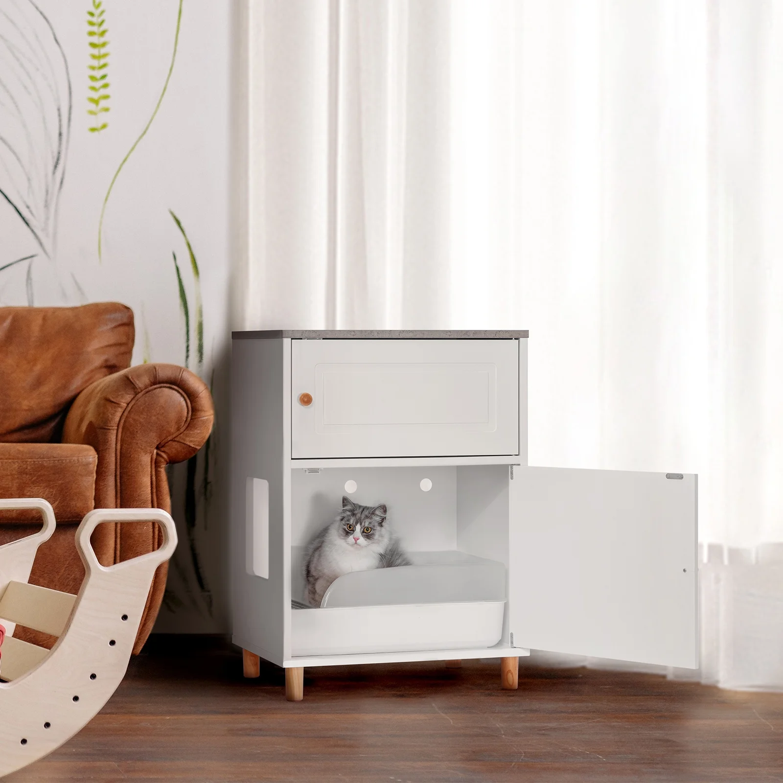 PETSFIT Cat Litter Box Enclosure, Odor-Free Design, Storage Cabinet, Easy-Clean, and Stylish Hidden Cat  Litter Box Furniture White