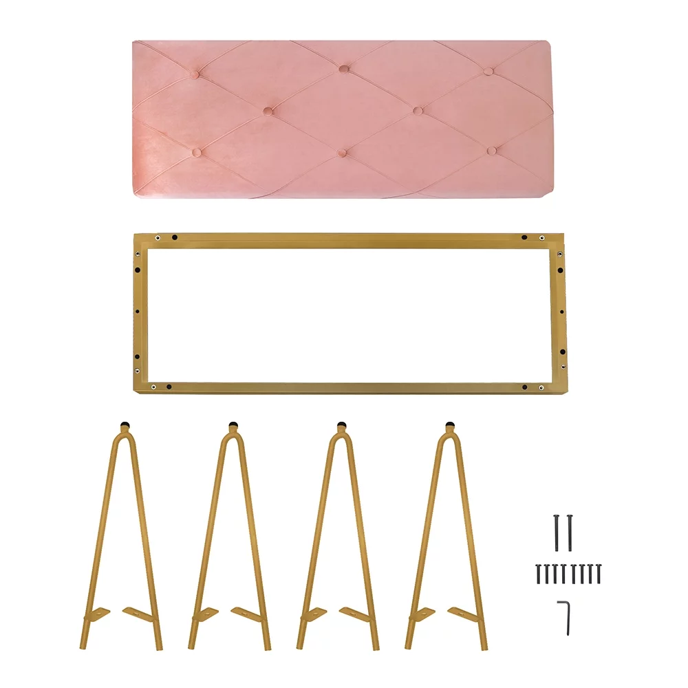 Leejay 44 inch Pink Velvet Bedroom Bench for End of Bed,Kitchen Dining Room Bench with Golden Leg