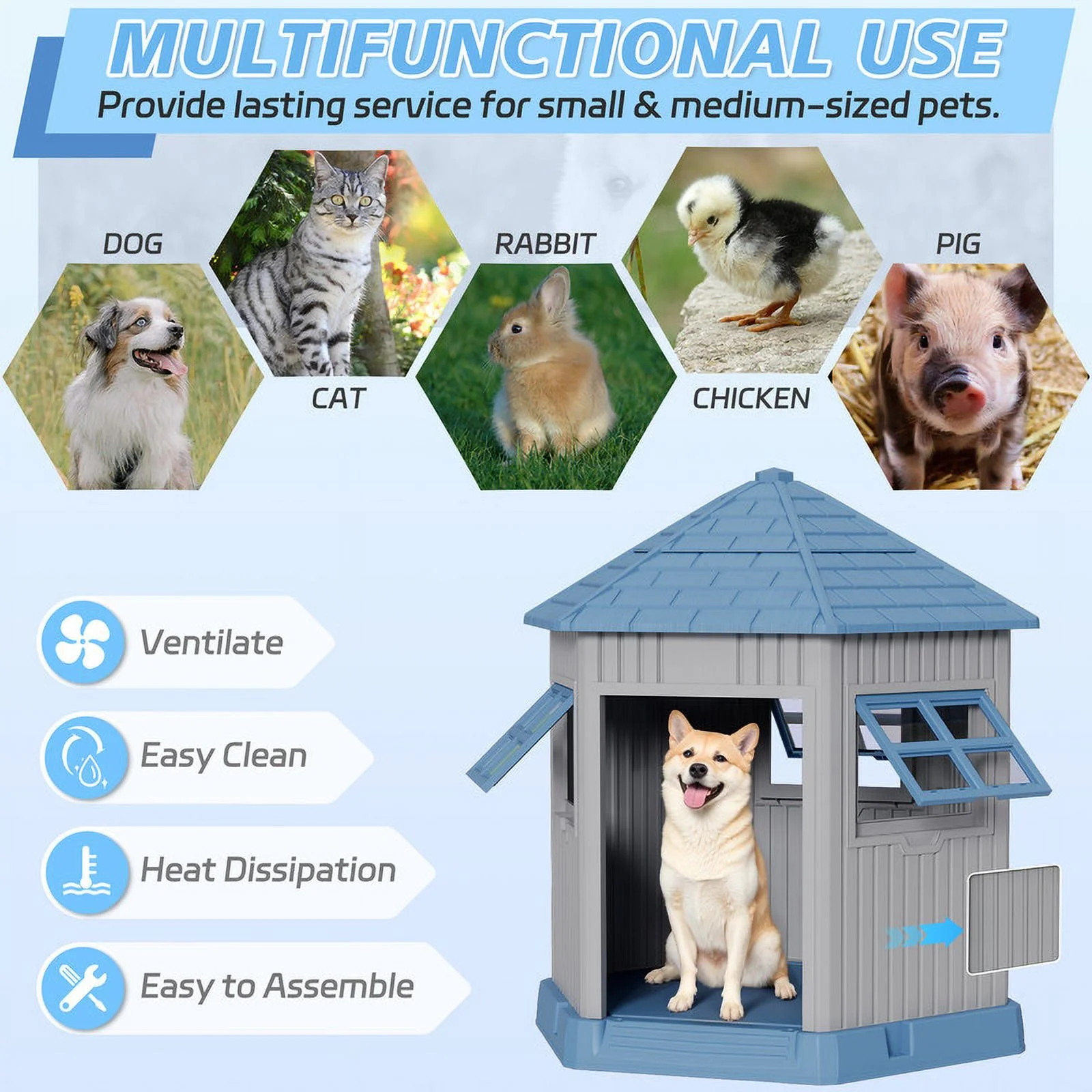 Bifanuo Durable Dog House, Indoor Outdoor Wateproof Doghouse, Pet Plastic Dog Kennel for Small Medium Dogs,Blue, 36.6"L*29.5"W*37.4"H