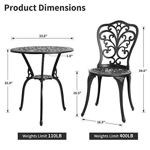 HOMEFUN Bistro Table and Chairs Set of 2 Outdoor 3 Piece Patio Set, Rose Pattern Cast Aluminum Bistro for Garden Balcony