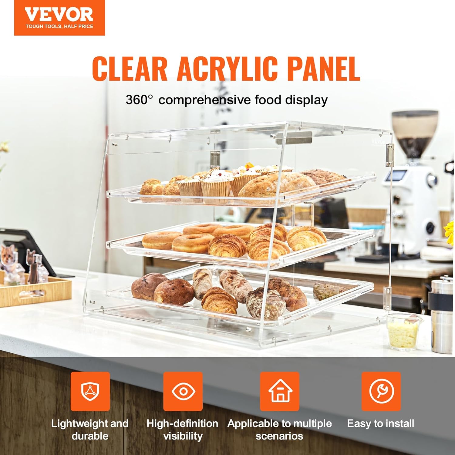 VEVOR Pastry Display Case, 3-Tier Commercial Countertop Bakery Display Case, Acrylic Display Box with Rear Door Access & Removable Shelves