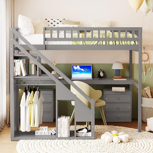 Modern Full Size Gaming Loft Bed with Built-in Desk and Storage Wardrobe, Wood Loft Bed Frame with Light Strip and 2 Drawers