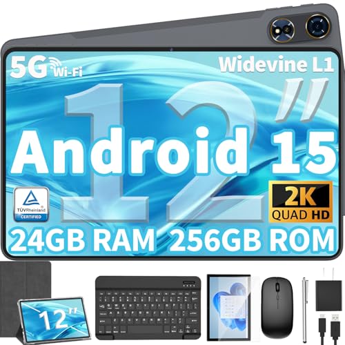12 Inch Tablet Android 15 Tablets, 2025 Upgraded Android Tablet with Keyboard, 24GB RAM+256GB ROM(1TB Expand), Octa-Core, 2K 2000x1200 Display