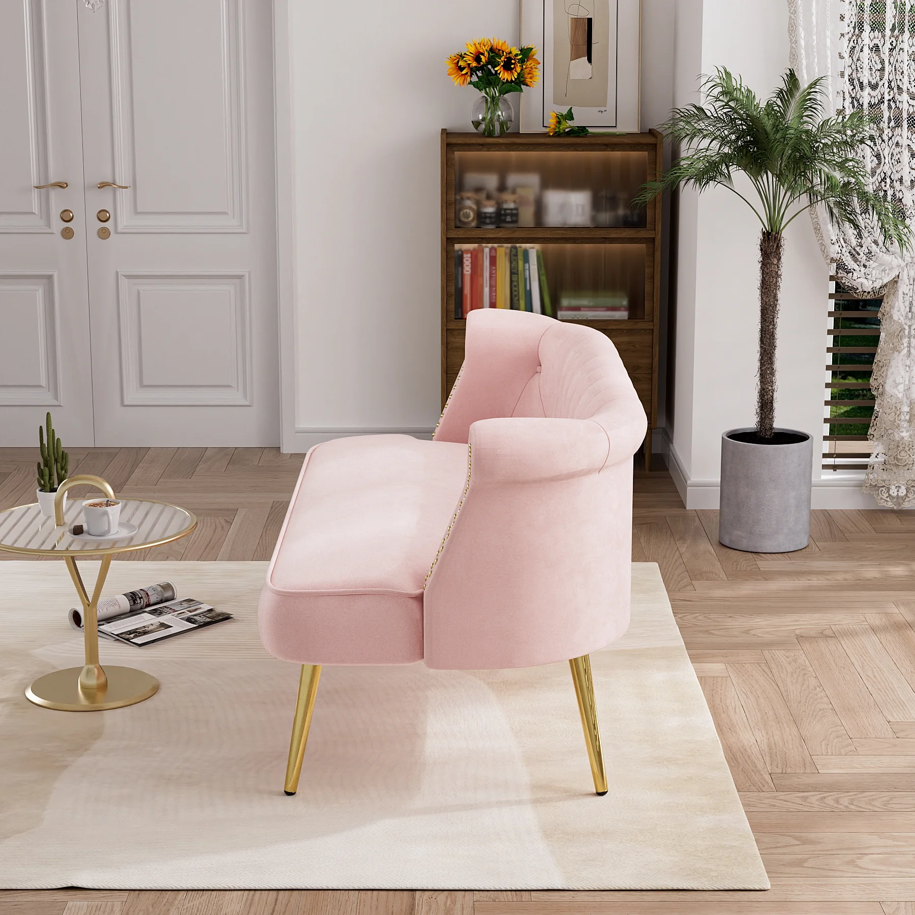 Modern Loveseat Settee Bench Sofa with Nailhead Trim and Golden Legs