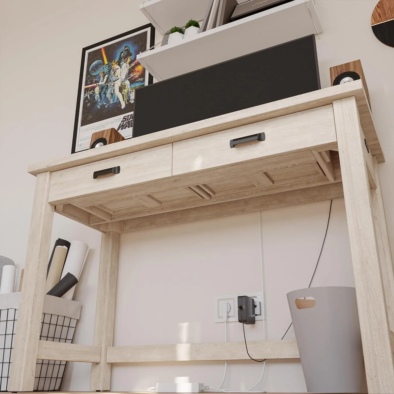 Wooden Writing Desk with Two  Drawers  Simple Writing Computer Desk with Charging Ports  47 Inch Study Desk for Small Spaces