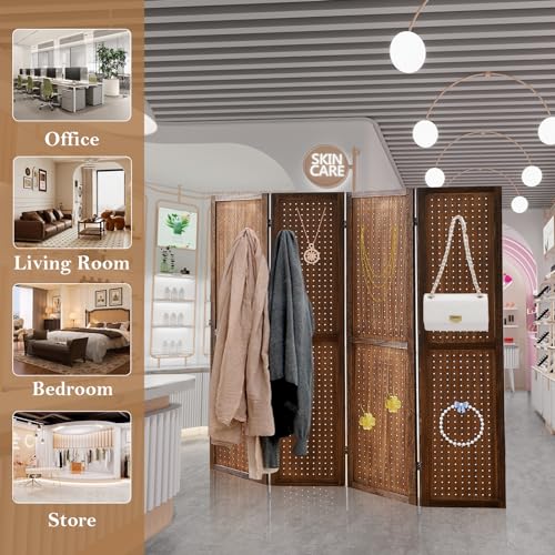 4 Panel Room Dividers and Folding Privacy Screens, 5.6Ft Wooden Pegboard Display, Privacy Dividers for Bedroom