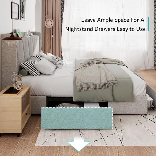 iPormis Queen Bed Frame with 4 Storage Drawers, Upholstered Platform Bed Frame with Charging Station, Modern Wingback Storage Headboard