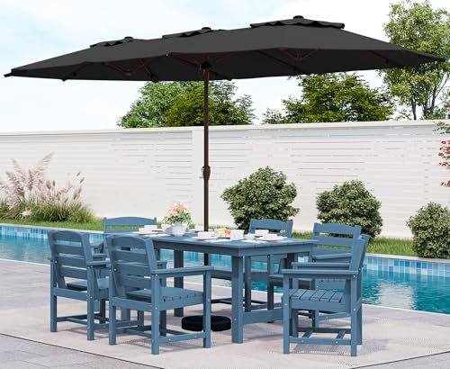 SERWALL Outdoor HDPE Dining Table Set, 7-Piece Outdoor Dining Table Sets with Umbrella Hole Cut-Out Table and 6 Chairs, Gray