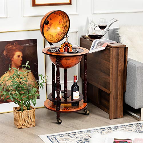 Byroce Globe Bar Cart, Wood Wine Bar Cabinet with Wheels & Liquor Bottle Shelf, Italian Replica Liquor Cabinet for Bar, Home, Dining Room