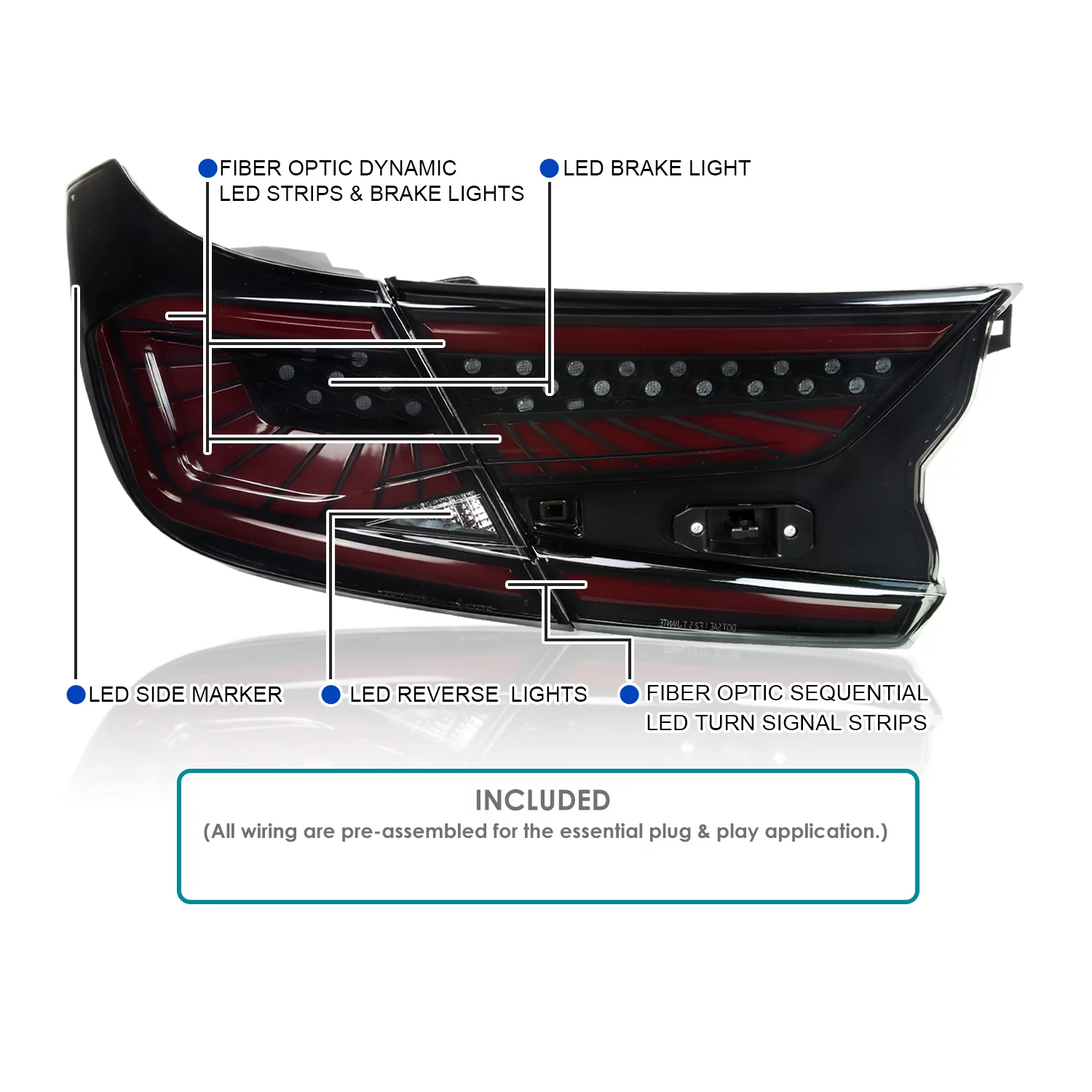 Spec-D Tuning Black Housing Smoke Lens Dynamic LED Sequential Tail Lights with Red Light Bar Compatible with 2018-2022 Honda Accord 4Dr Sedan Left +