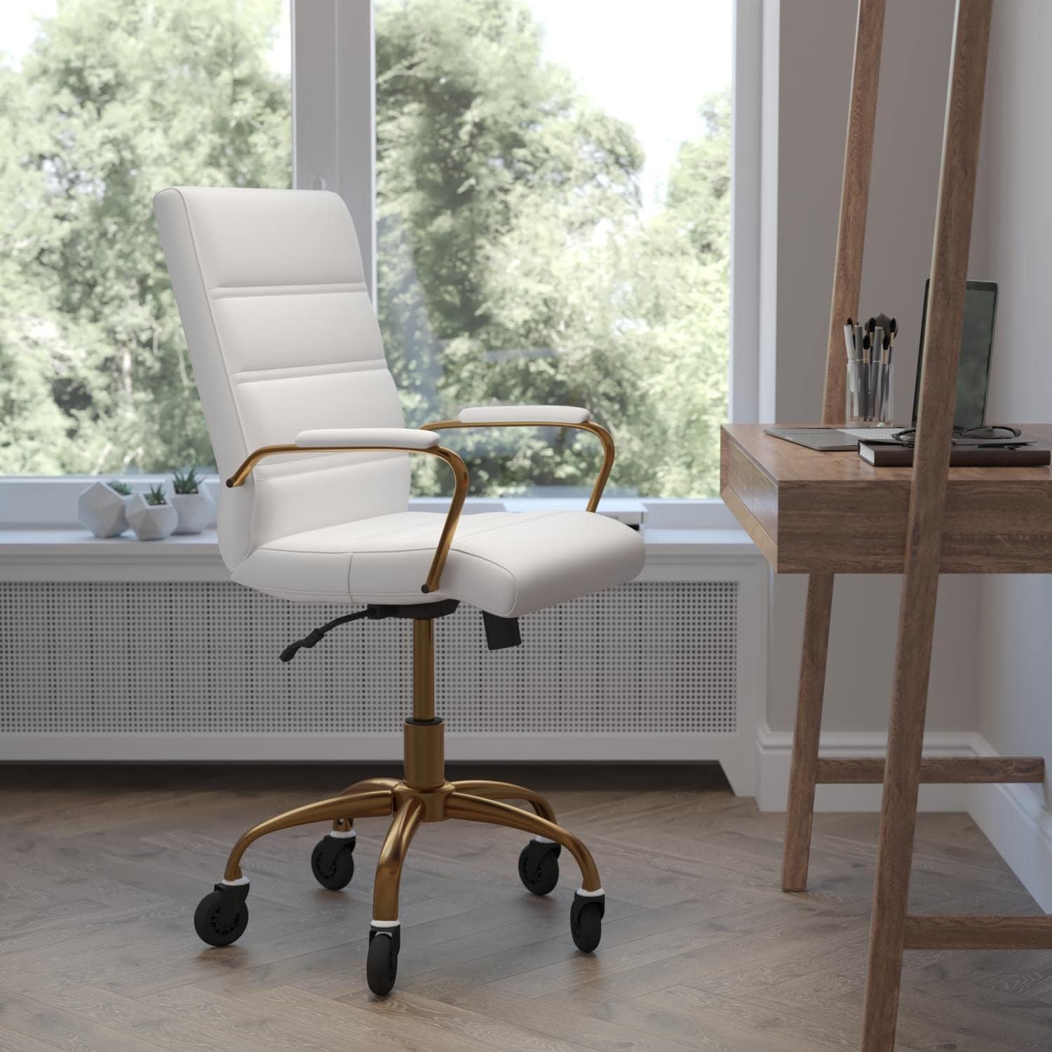 Flash Furniture Camilia Mid-Back Executive Swivel Office Chair with Gold Frame, Arms, and Transparent Roller Wheels, 24", White LeatherSoft