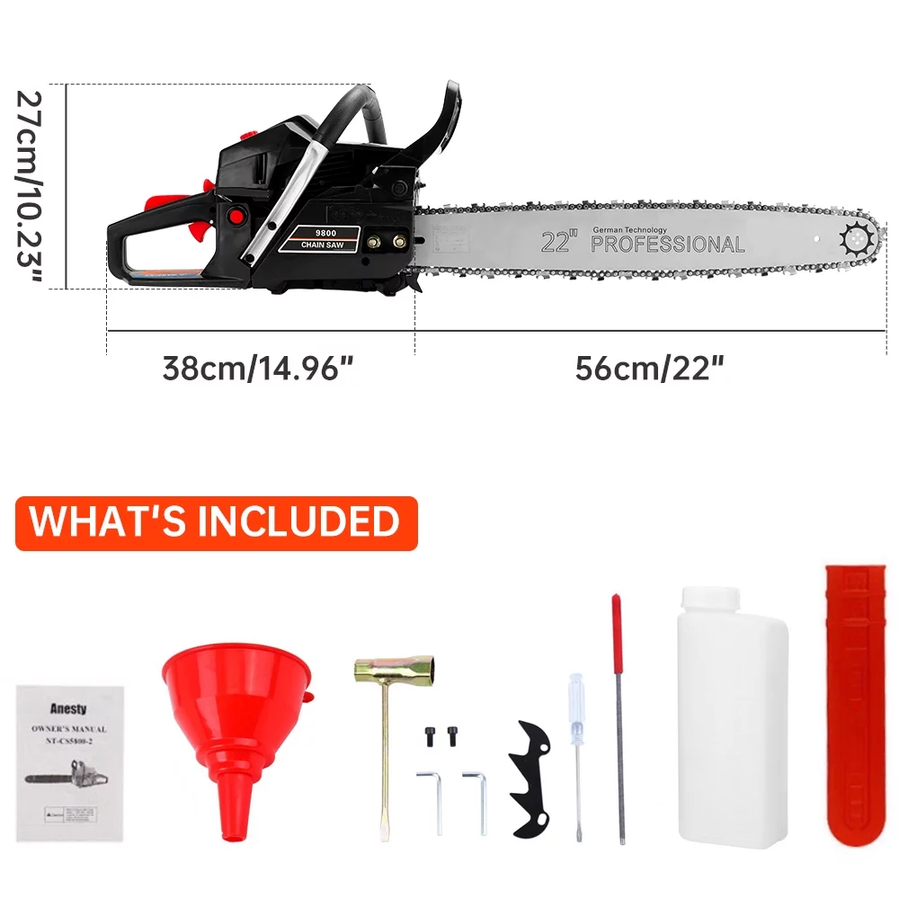 TOPTENG Gasoline Chainsaw with 22 in. Bar 52CC Engine 2-Cycle Gas Powered Chainsaw for Farm/Garden/Ranch/Firewood