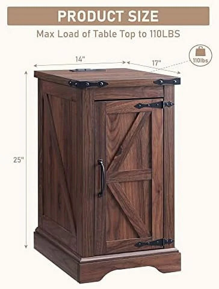 HOOMHIBIU Nightstand with Charging Station  Rectangular Farmhouse End Table with Barn Door and Adjustable    17"