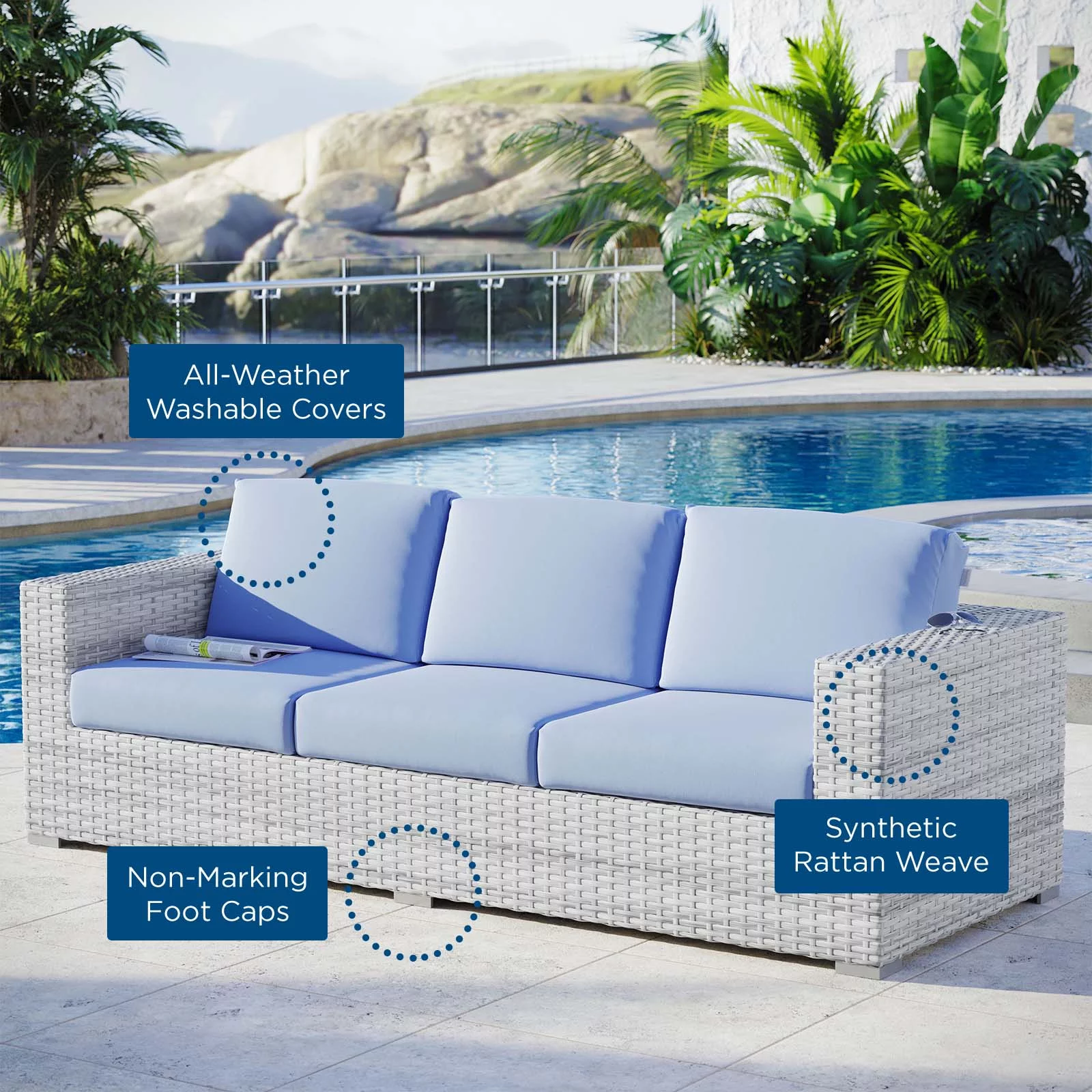 Lounge Sofa, Rattan, Wicker, Light Grey Gray Light Blue, Modern Contemporary Urban Design