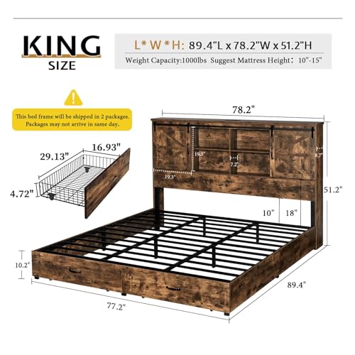 VanAcc Full Size Bed Frame, Wooden Platform Storage Bed with 51.2" Bookcase Headboard, 2 Drawers