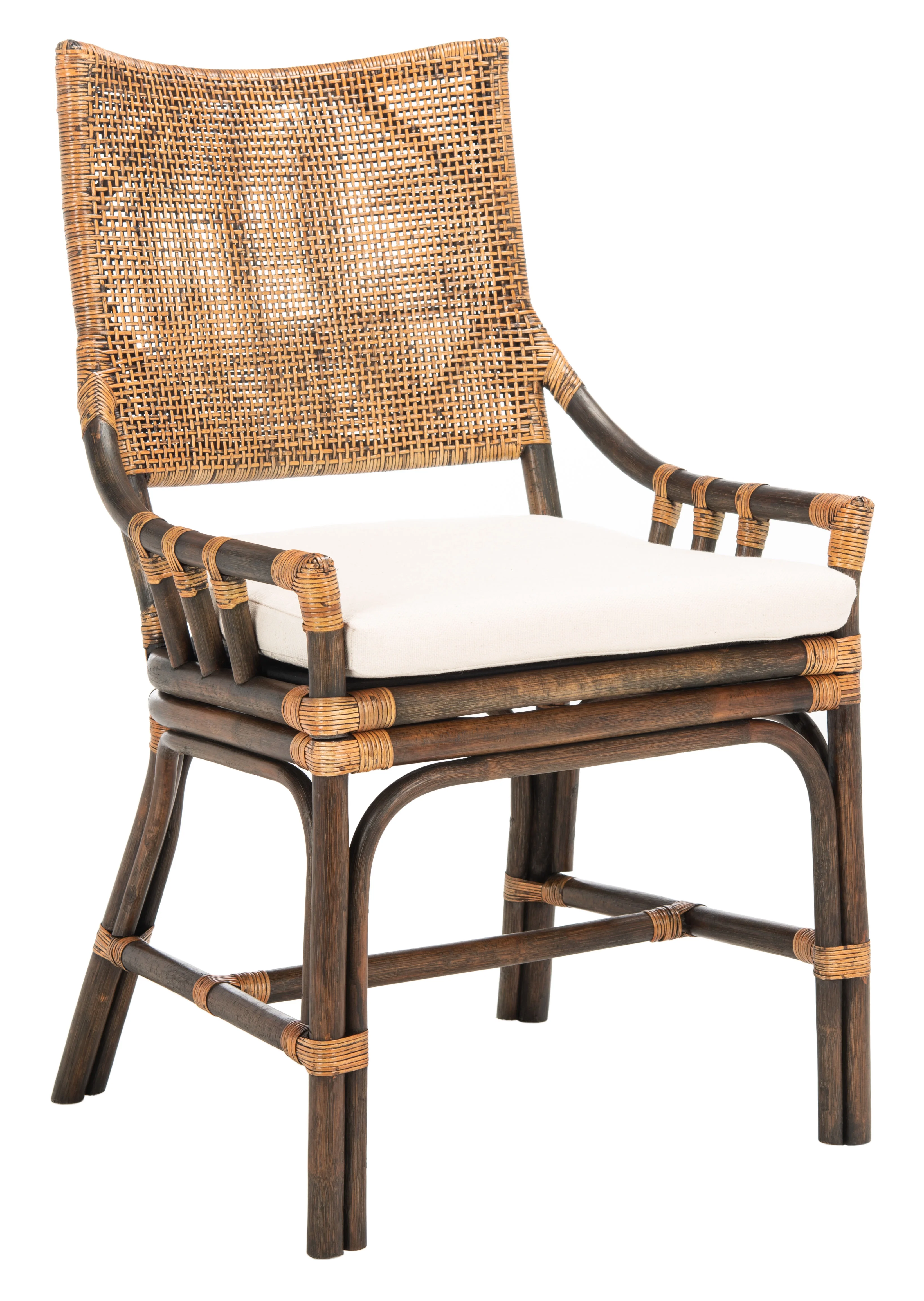 SAFAVIEH Donatella Rattan Chairs, Natural Wash/Black Legs/White Cushion (22 in. W x 24 in. D x 37 in. H)