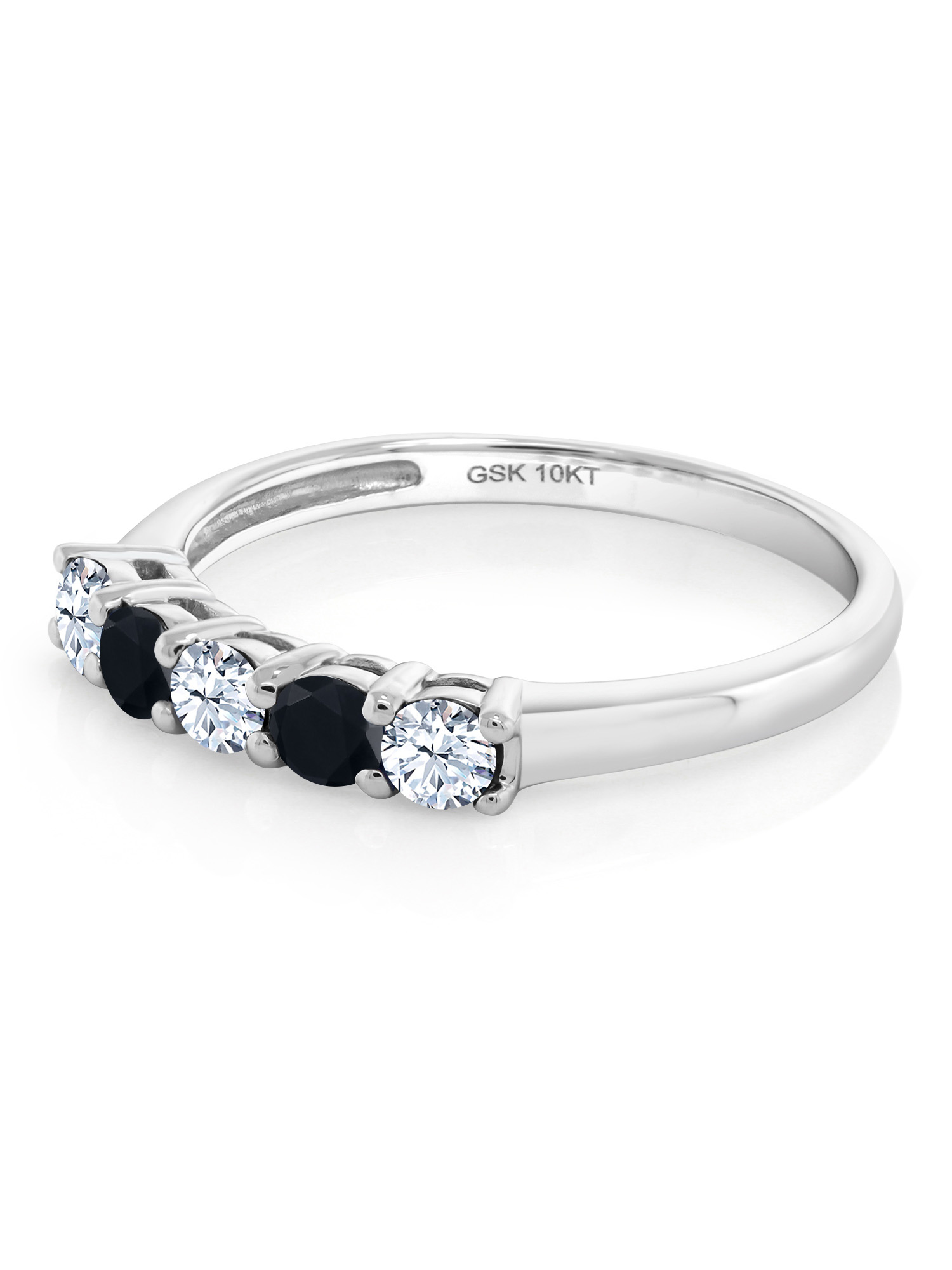 10K White Gold White Created Sapphire and Black Onyx 5 Stone Wedding Engagement Promise Ring For Women (0.59 Cttw, Round 3MM