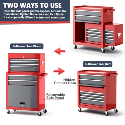 Tool Chest 8-Drawer | 42'' Large Rolling Tool Chest with Wheels | Detachable Top Metal Tool Box | Garage Storage Cabinet for Repair Room
