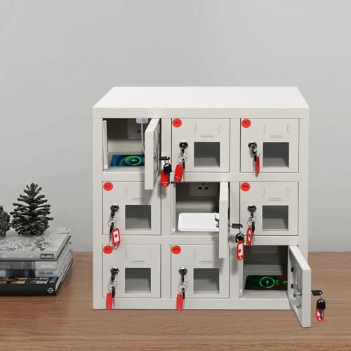 Cell Phone Locker 9 Bays Cell Mobile Phone Steel Locker with Charger Charging Station Cabinet and Key Lock for Classroom and Employees