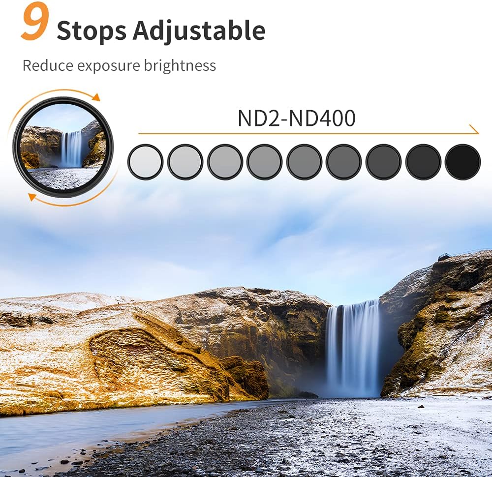 K&F Concept 37mm ND Filter Variable Fader NDX Neutral Density Adjustable ND2 to ND400 Lens Filter Kit + Cleaning Cloth for Cameras Lens