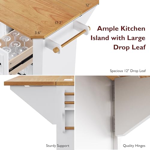Amposei Rolling Kitchen Storage Island on Wheels with Power Outlet, Drop Leaf Breakfast Bar Kitchen Cart Island Table with Drawers