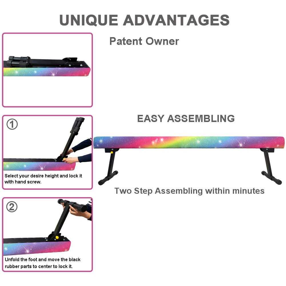 Sealoha 8ft Ultrasimple Adjustable&amp;Foldable Balance Beam,High-Low Floor Beam Suede Gymnastics Equipment,No Tool Require