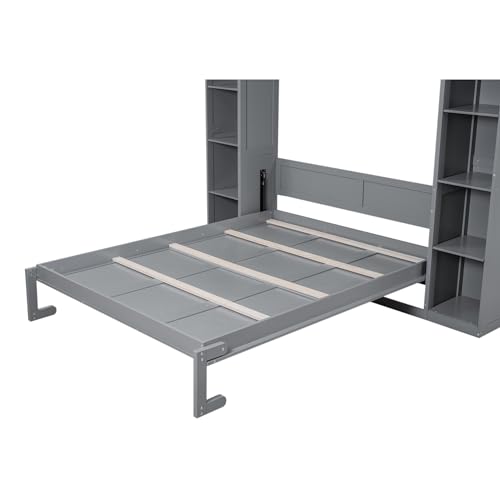 Ball & Cast Queen Size Murphy Bed,Murphy Bed Cabinet W/ 2 Five-Layer Cabinet,Hideaway Wall Bed W/LED Lights,Wood Hidden Bed Frame for Guest Room