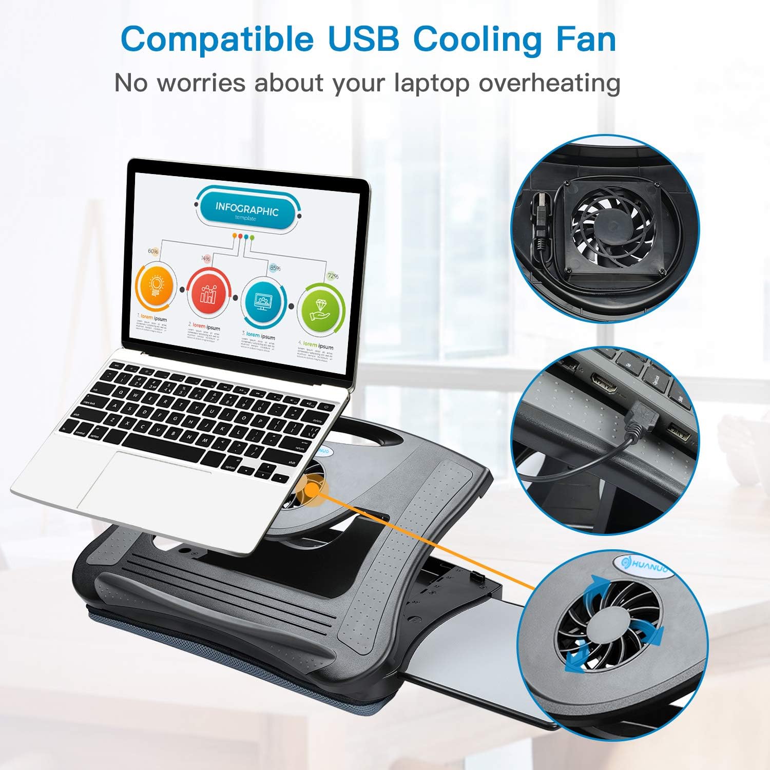 HUANUO Lap Desk with Cooling Fan, Laptop Lap Desk with 5 Adjustable Angles, Laptop Desk Fits 15.6 Inch Laptops