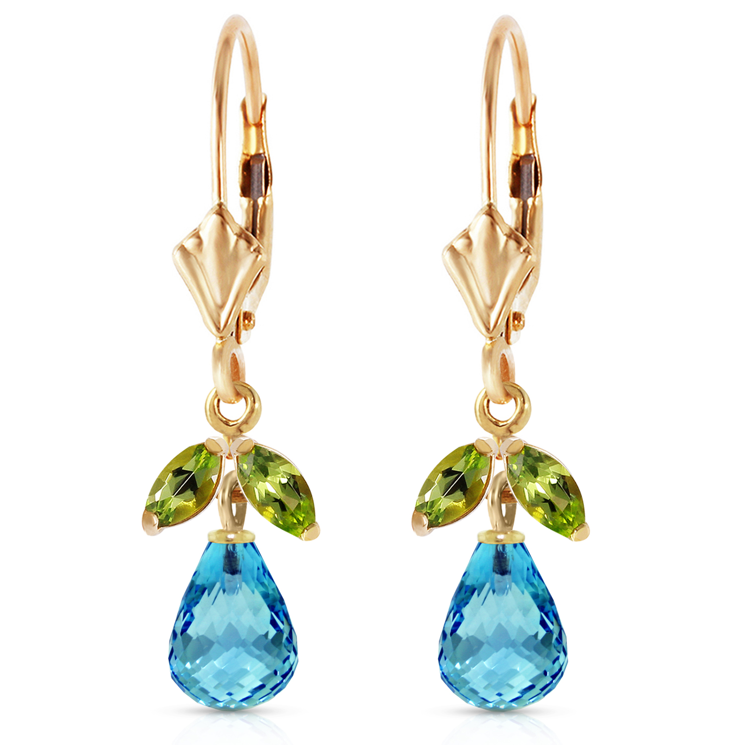 Galaxy Gold 14k Yellow Gold Leverback Earrings with Blue Topaz and Peridots