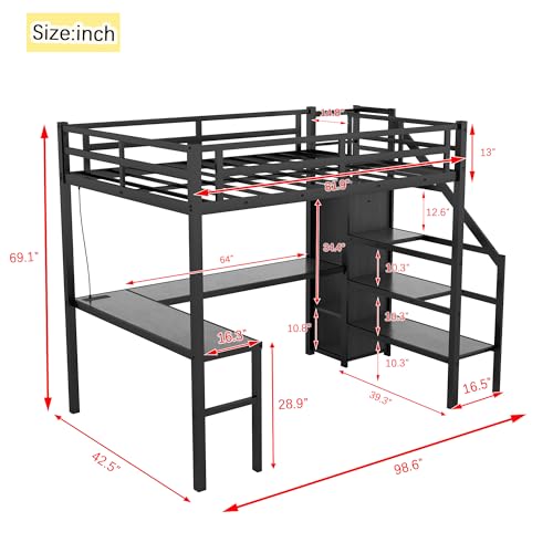 Bellemave Full Size Metal Loft Bed with L Shaped Desk and Wardrobe, Heavy Duty Loft Bed Frame with Storage Stairs