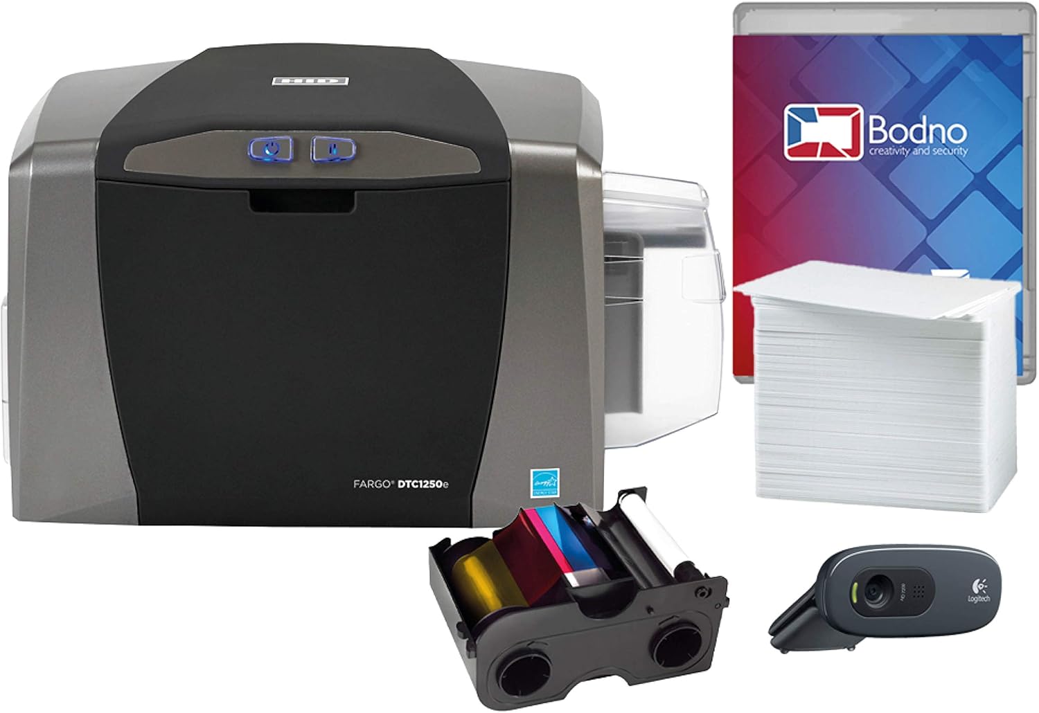 Fargo DTC1250e Single Sided ID Card Printer & Complete Supplies Package with Bronze Edition Bodno Software