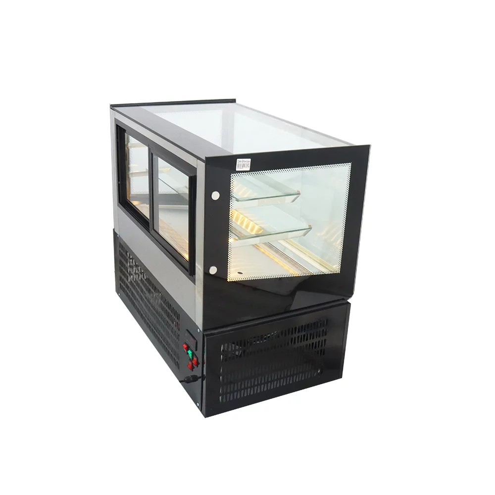 INTSUPERMAI 35" Refrigerated Cake Showcase Cooling Display Case Bakery Cabinet Defrost Right Angle 2-layer Back Sliding Door Desktop 220V