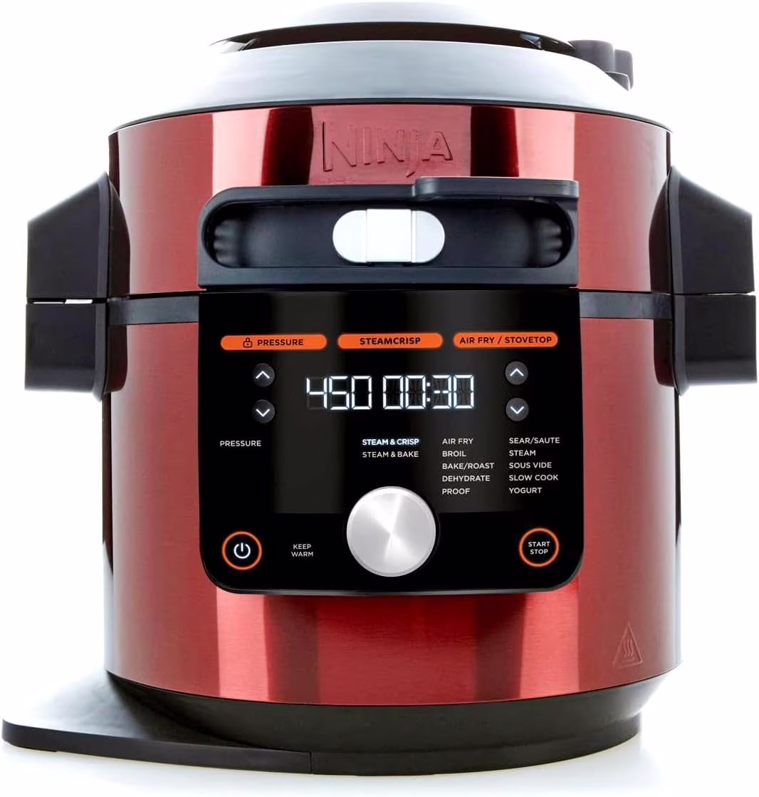 Restored Ninja OL601 Cinnamon/RED Foodi XL 8 Qt. Pressure Cooker Steam Fryer with SmartLid, 14-in-1, Bakes & More, 3-Layer Capacity