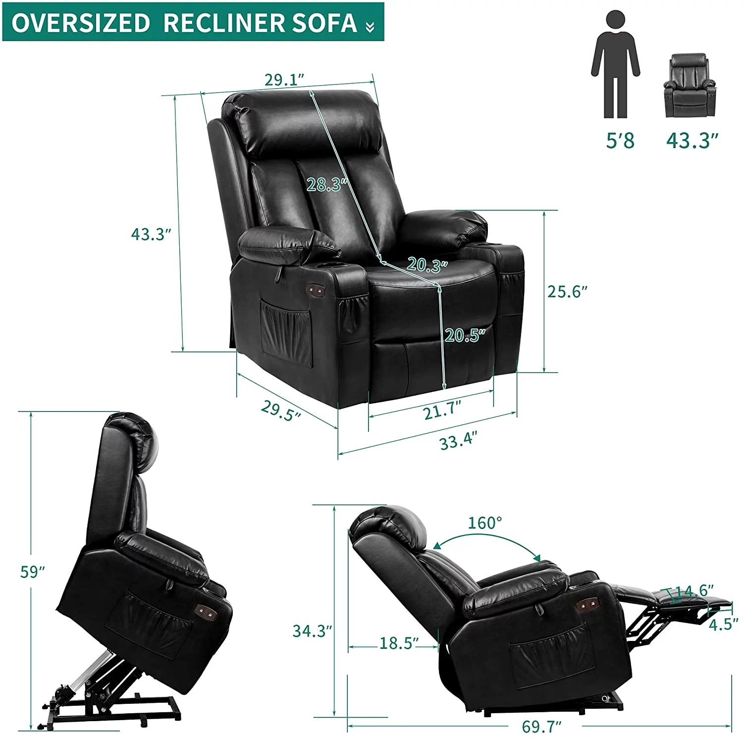 DWVO Power Lift Recliner Chair with Extended Footrest , Faux Leather Recliner Chair with Massage Heat, Remote Control for Living Room ,Black