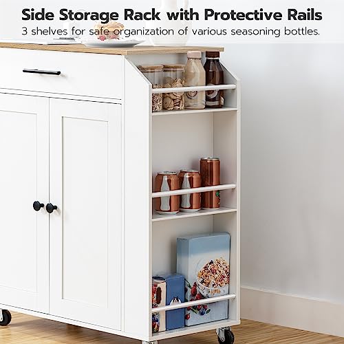 HOOBRO Kitchen Island with Power Outlet, Kitchen Storage Island with Spice Rack and Drawer, Rolling Kitchen on Wheels, for Home, Dining Room