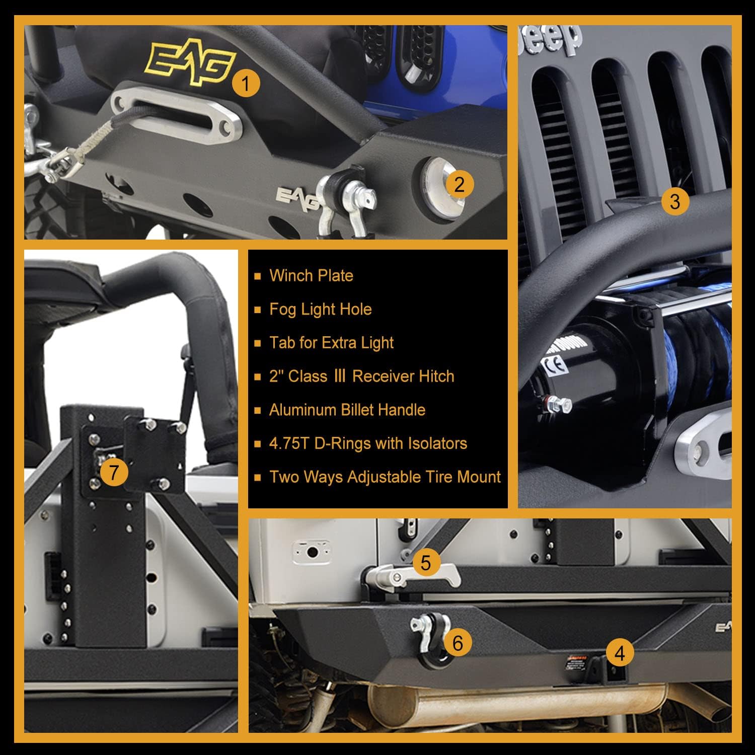 EAG JK Bumper Combo Front and Rear Bumper with Tire Carrier Fit for 2007-2018 Wrangler JK