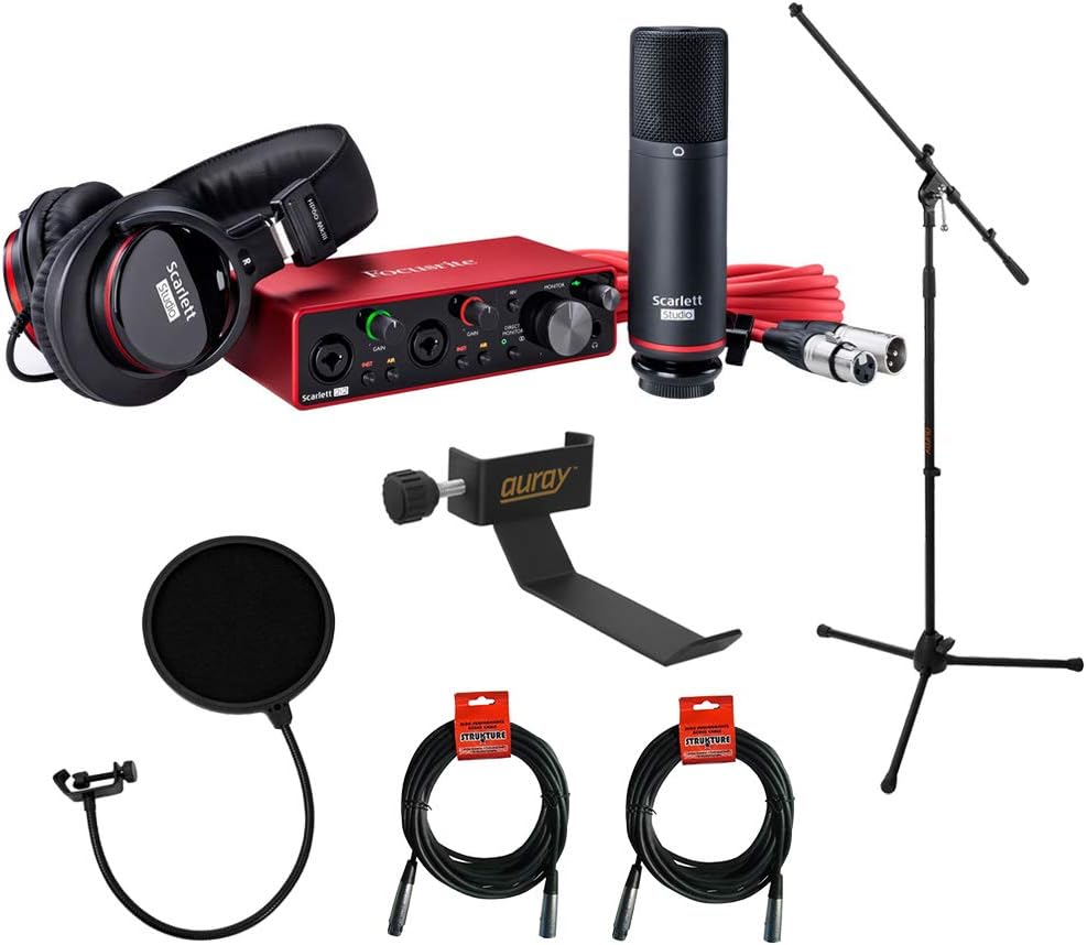 Focusrite Scarlett 2i2 Studio 3rd Gen 2-in, 2-out USB Audio Interface with Microphone & Headphones, Tripod Mic Stand + Boom, Headphone Holder