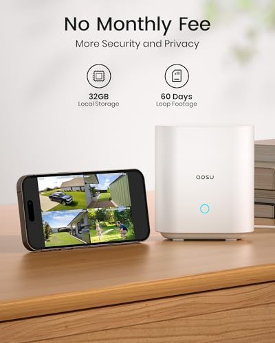 AOSU 5MP Solar Security Camera System Wireless Outdoor, No Subscription - 32GB Local Recording, UHD Resolution, Colour Night Vision, 2 Way Audio
