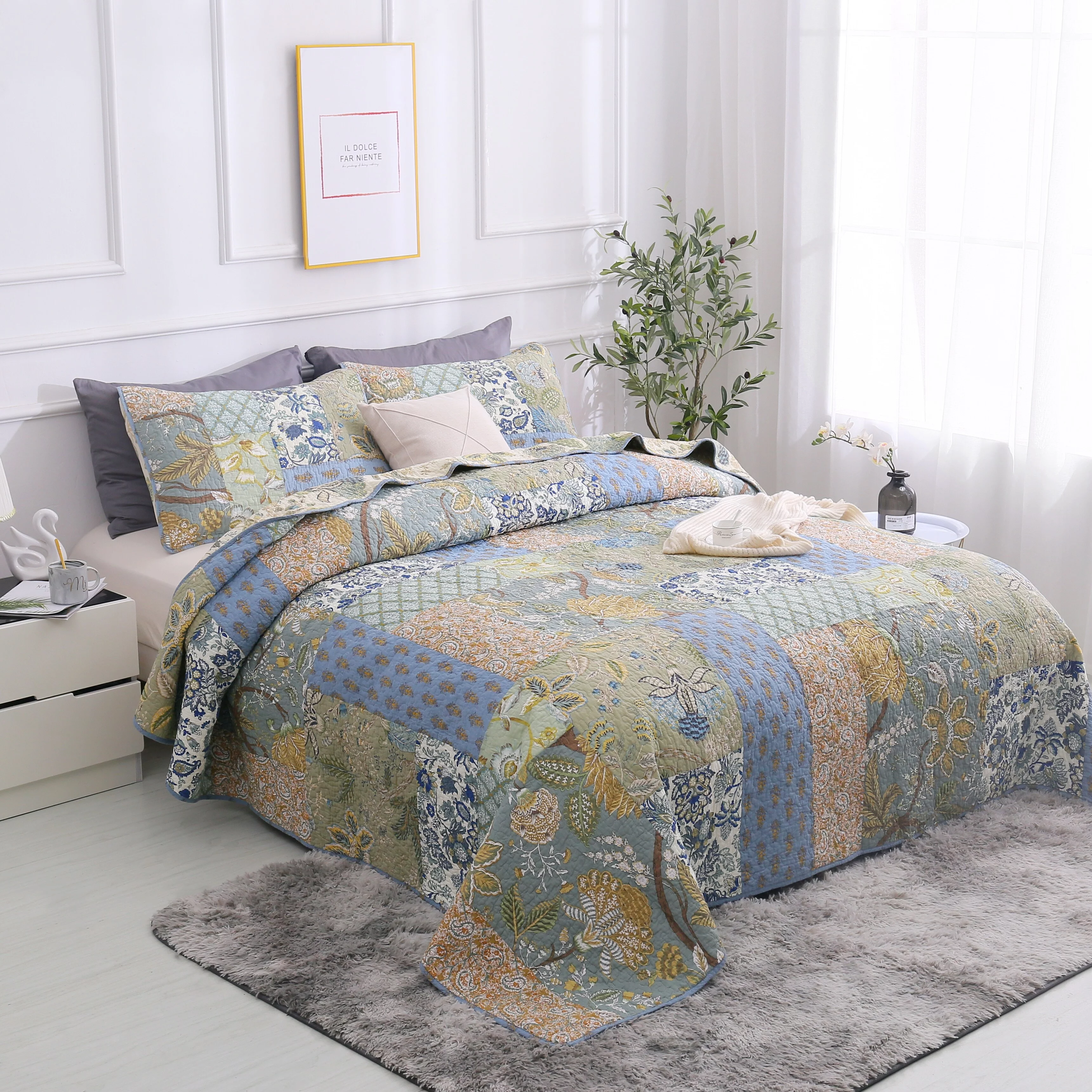 S&S Bohemian 3 Piece Reversible Floral 100% Cotton Authentic Patchwork Quilt Set Full - Queen - Curated Treasures Market