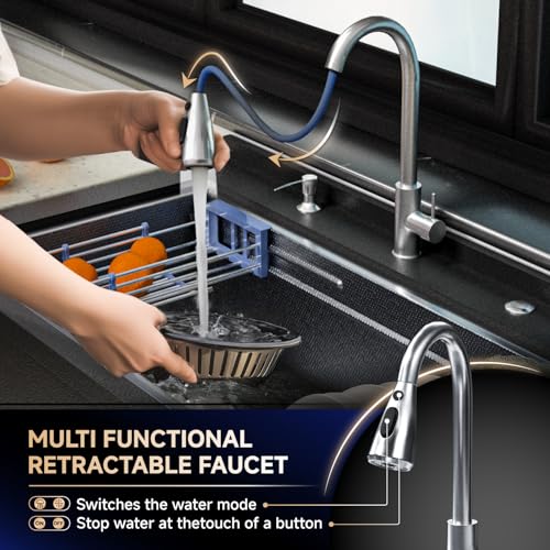 Stainless Steel Utility Sink 36“, Freestanding Laundry Sink with Upgraded Pull Out Faucet, Hose, Drain Kit & Solid Shelf. Utility Sink for Kitchen