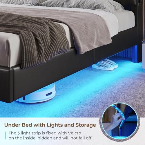 ADORNEVE King Size Floating Bed Frame with LED Lights & Hidden Storage Headboard