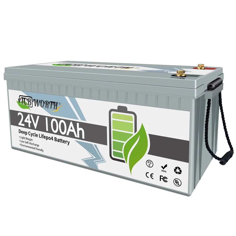 24V 100AH Lifepo4 Battery with Perfect BMS Support Series and Parallel for Trolling Motor Golf Cart Solar System RV Household Appliances Emergency
