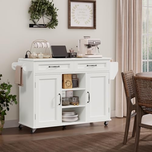 Kitchen Island with Power Outlets & Drop Leaf, Kitchen Cart with Storage, Drawer and Spice Rack, Tower Rack, Island Table, White and Walnut